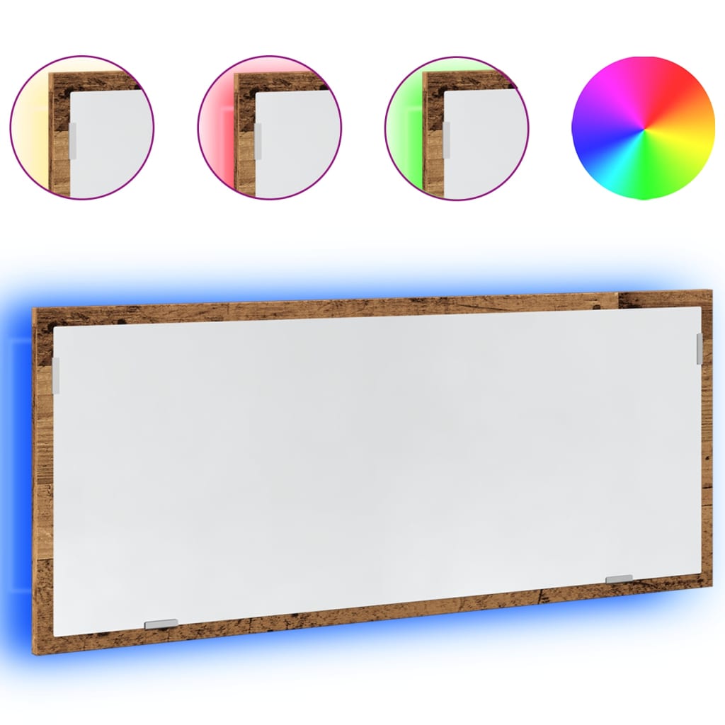 antik fa színű szerelt fa LED-es fürdőszobatükör 100x8,5x37 cm