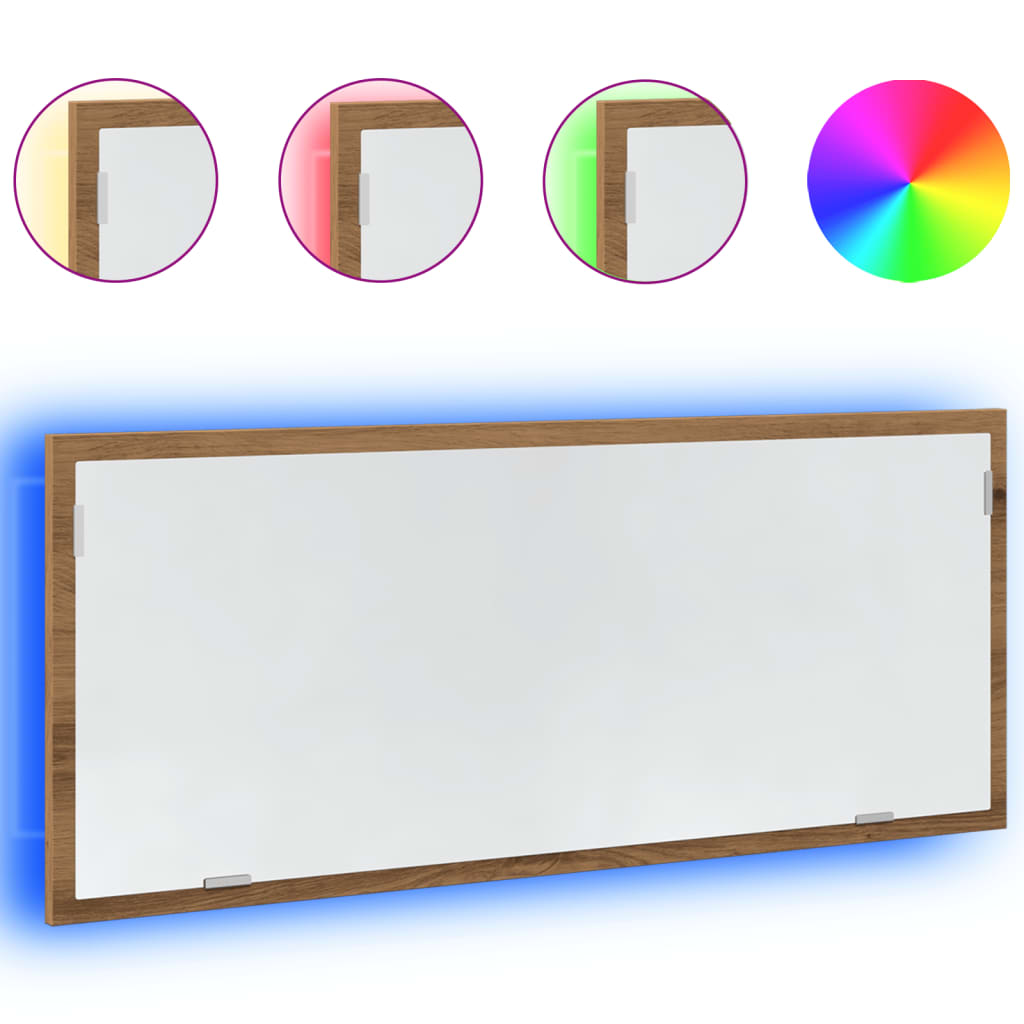kézműves tölgy szerelt fa LED-es fürdőszobatükör 100x8,5x37 cm