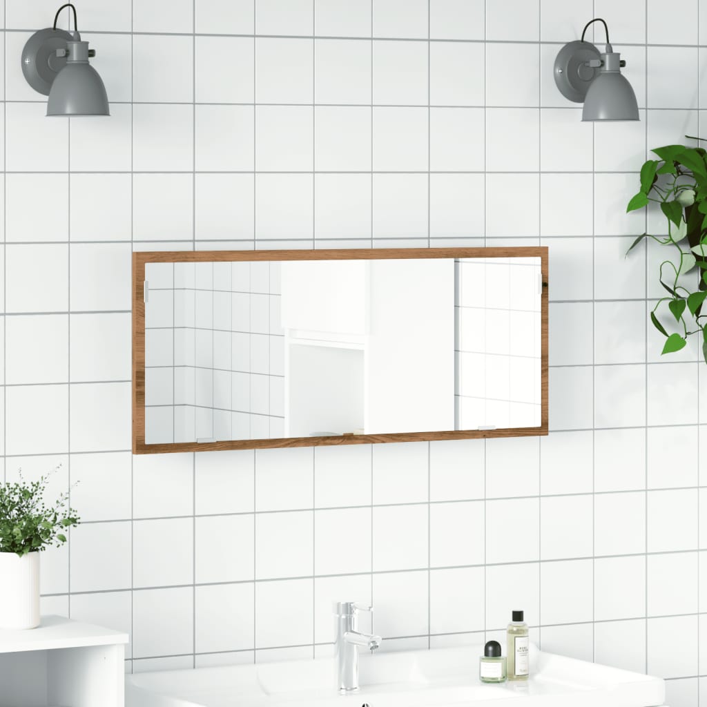 kézműves tölgy szerelt fa LED-es fürdőszobatükör 100x8,5x37 cm
