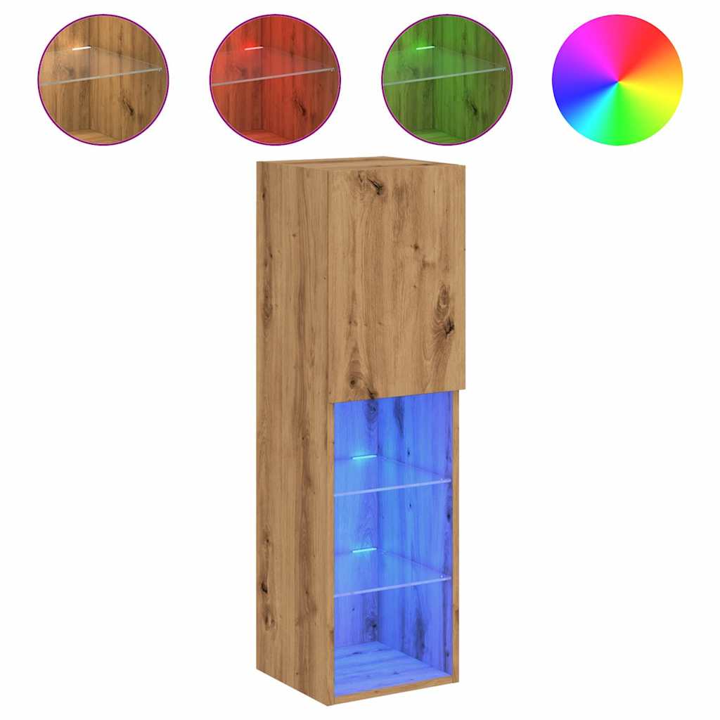 kézműves tölgy színű TV-szekrény LED-lámpákkal 30,5x30x102 cm
