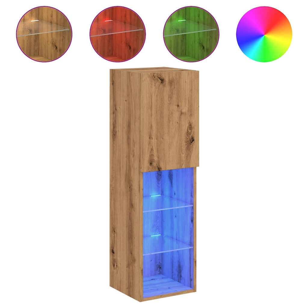 2 db kézműves tölgy TV-szekrény LED-lámpákkal 30,5x30x102 cm