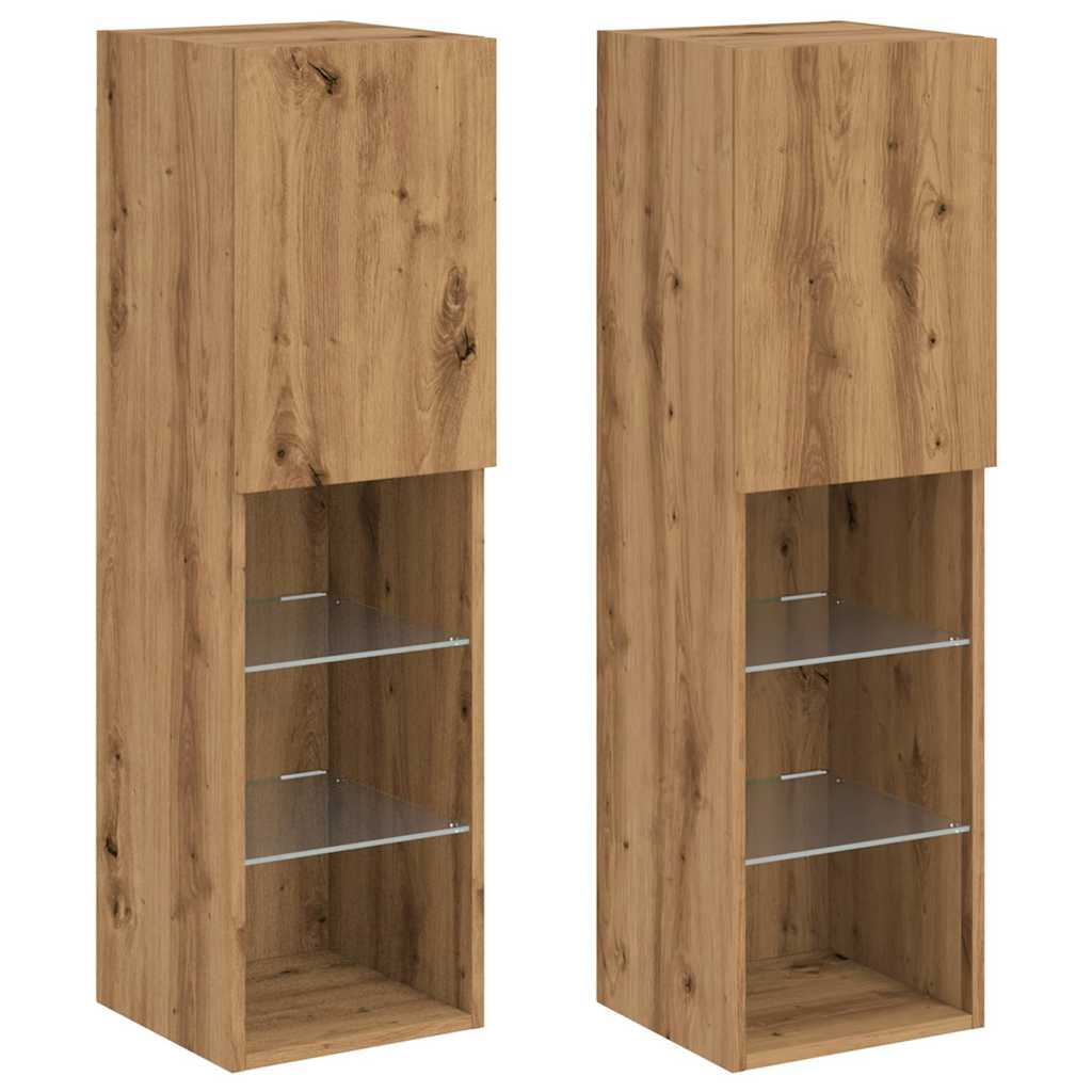 2 db kézműves tölgy TV-szekrény LED-lámpákkal 30,5x30x102 cm