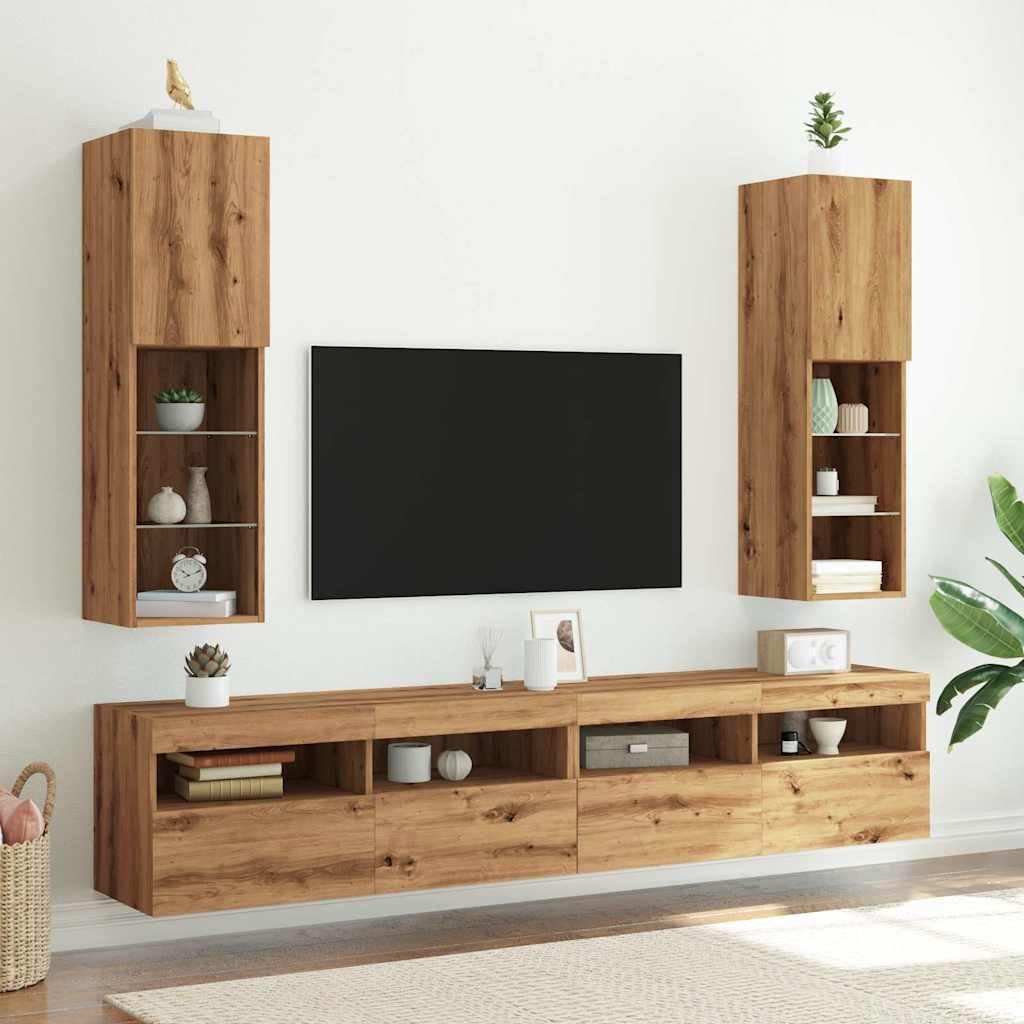 2 db kézműves tölgy TV-szekrény LED-lámpákkal 30,5x30x102 cm