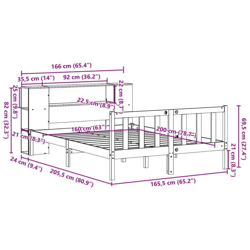 fehér tömör fenyőfa könyvespolcos ágy matrac nélkül 160x200 cm