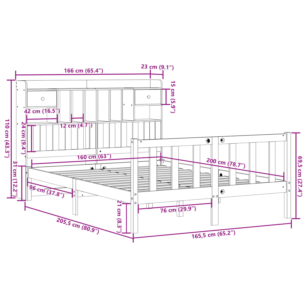 fehér tömör fenyőfa könyvespolcos ágy matrac nélkül 160x200 cm