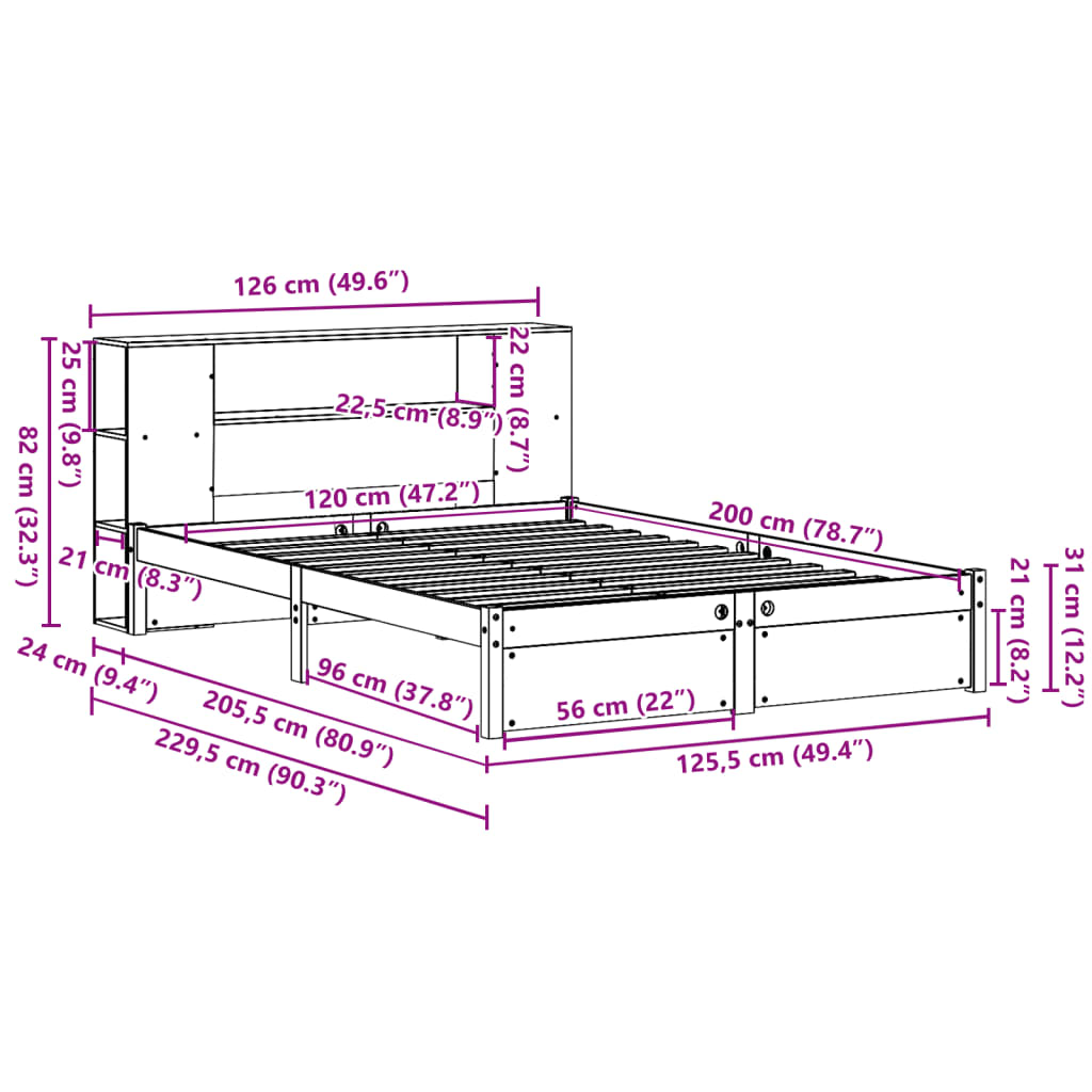 fehér tömör fenyőfa könyvespolcos ágy matrac nélkül 120x200 cm