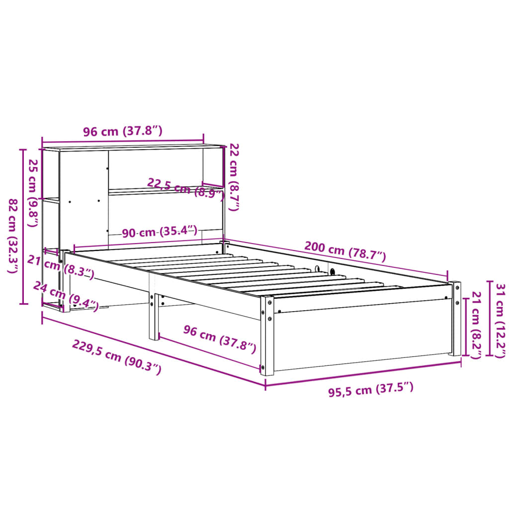 tömör fenyőfa könyvespolcos ágy matrac nélkül 90 x 200 cm