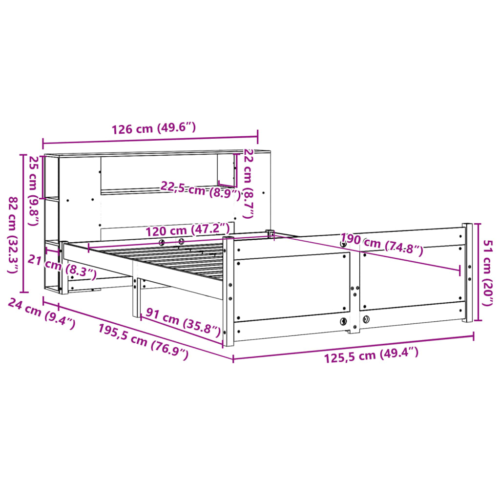 fehér tömör fenyőfa könyvespolcos ágy matrac nélkül 120x190 cm