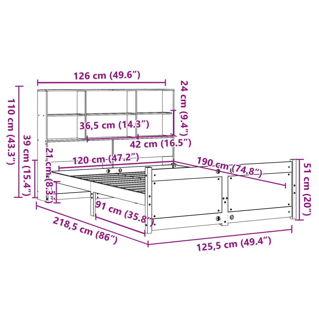 fehér tömör fenyőfa könyvespolcos ágy matrac nélkül 120x190 cm