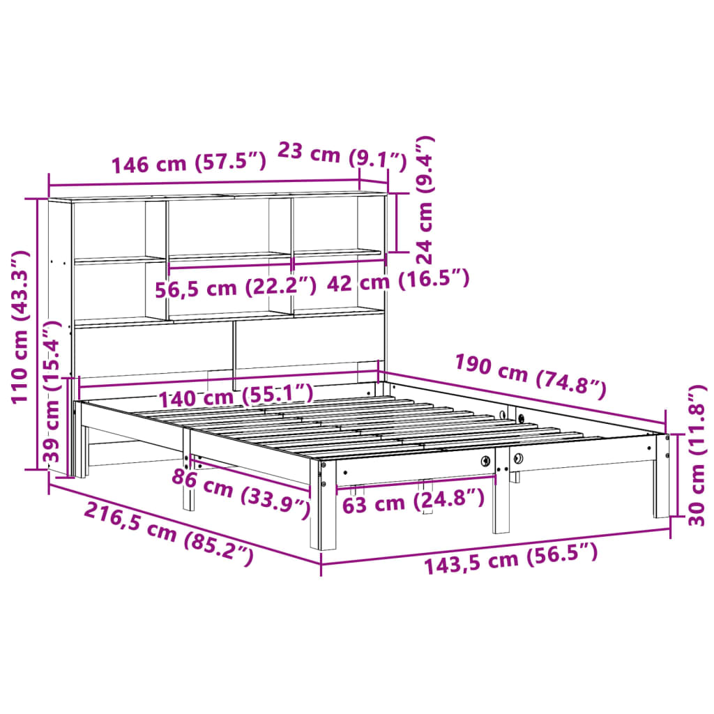 tömör fenyőfa könyvespolcos ágy matrac nélkül 140 x 190 cm