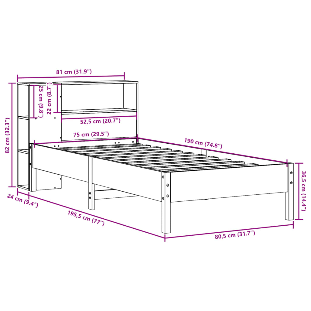 tömör fenyőfa könyvespolcos ágy matrac nélkül 75 x 190 cm