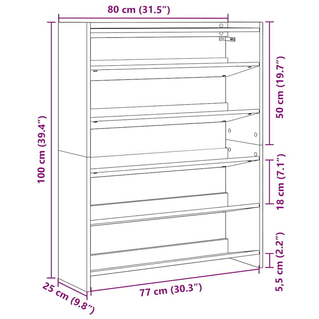 füstös tölgy színű szerelt fa cipőtartó 80x25x100 cm
