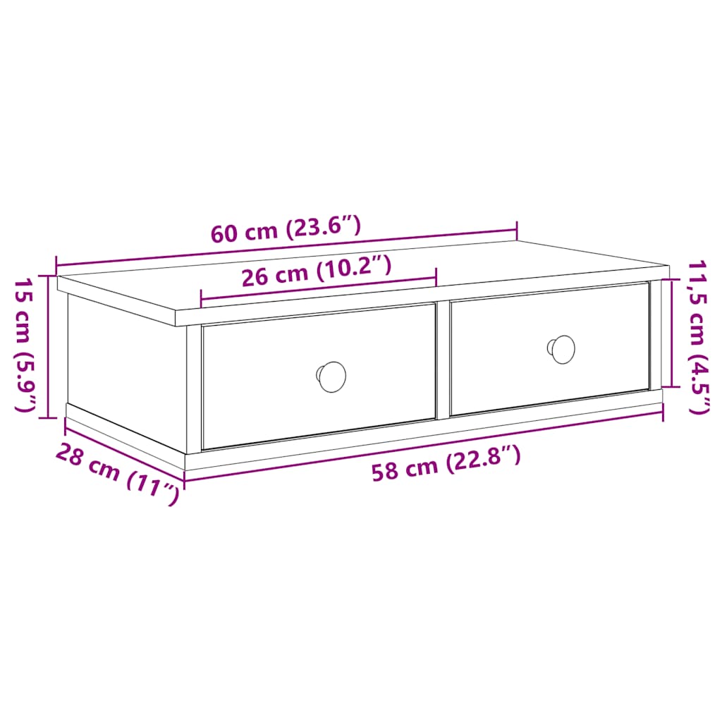 Falipolc fiókokkal betonszürke 60x28x15 cm műszaki fa