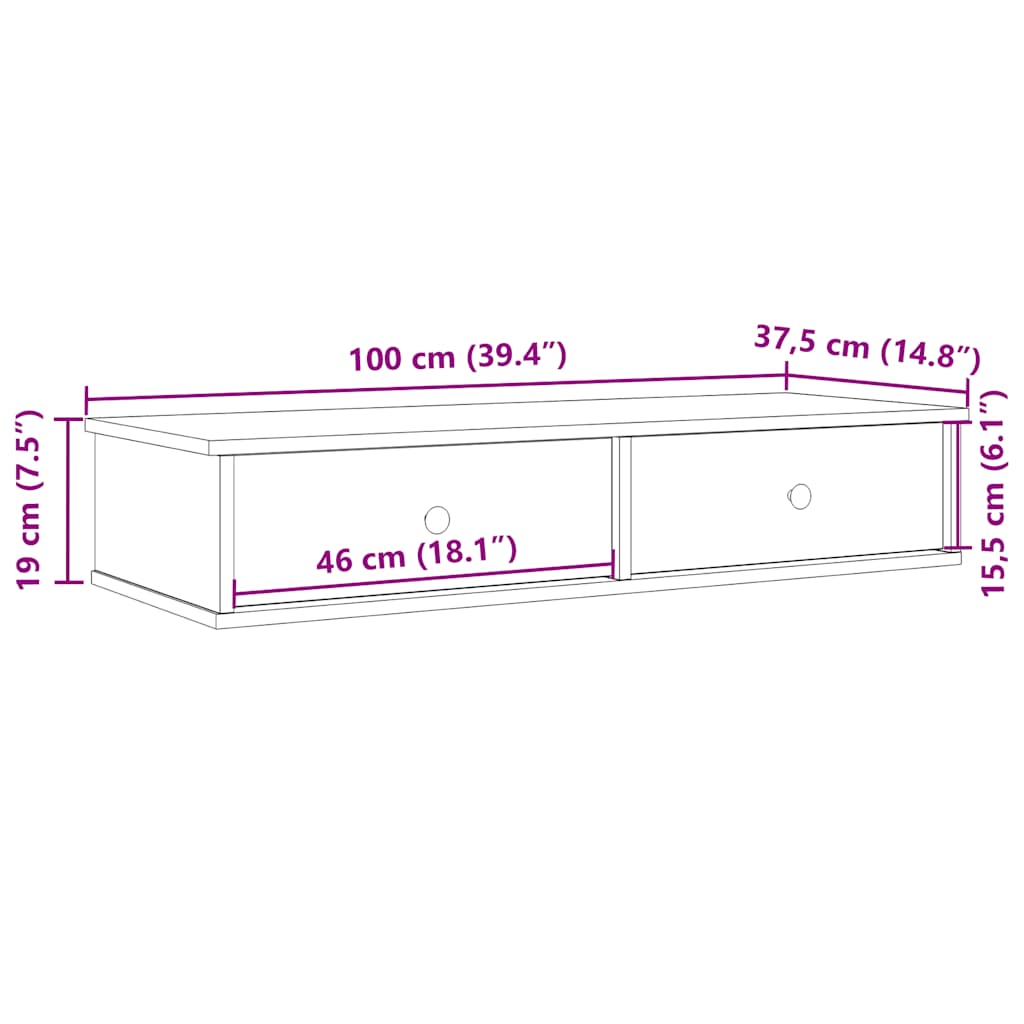 fekete szerelt fa falipolc fiókokkal 100 x 37,5 x 19 cm