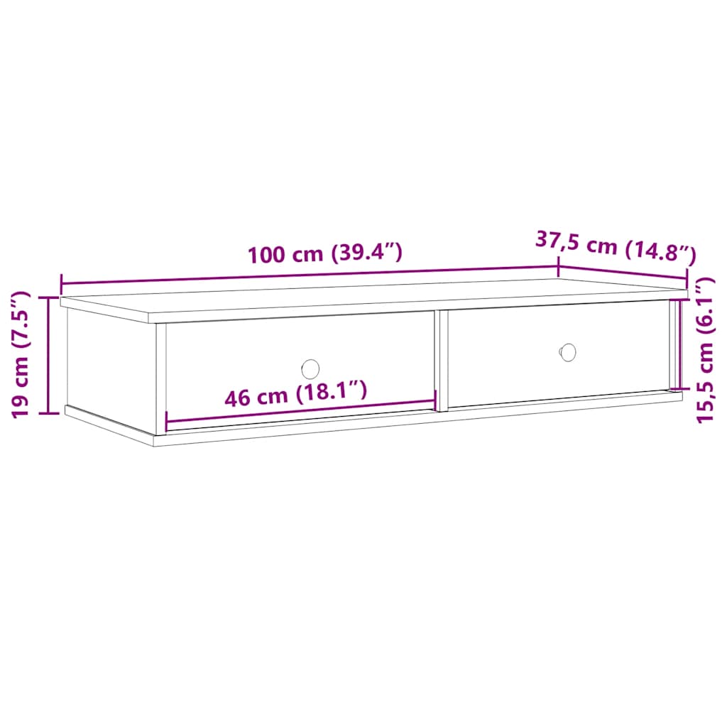 kézműves tölgy szerelt fa falipolc fiókokkal 100 x 37,5 x 19 cm