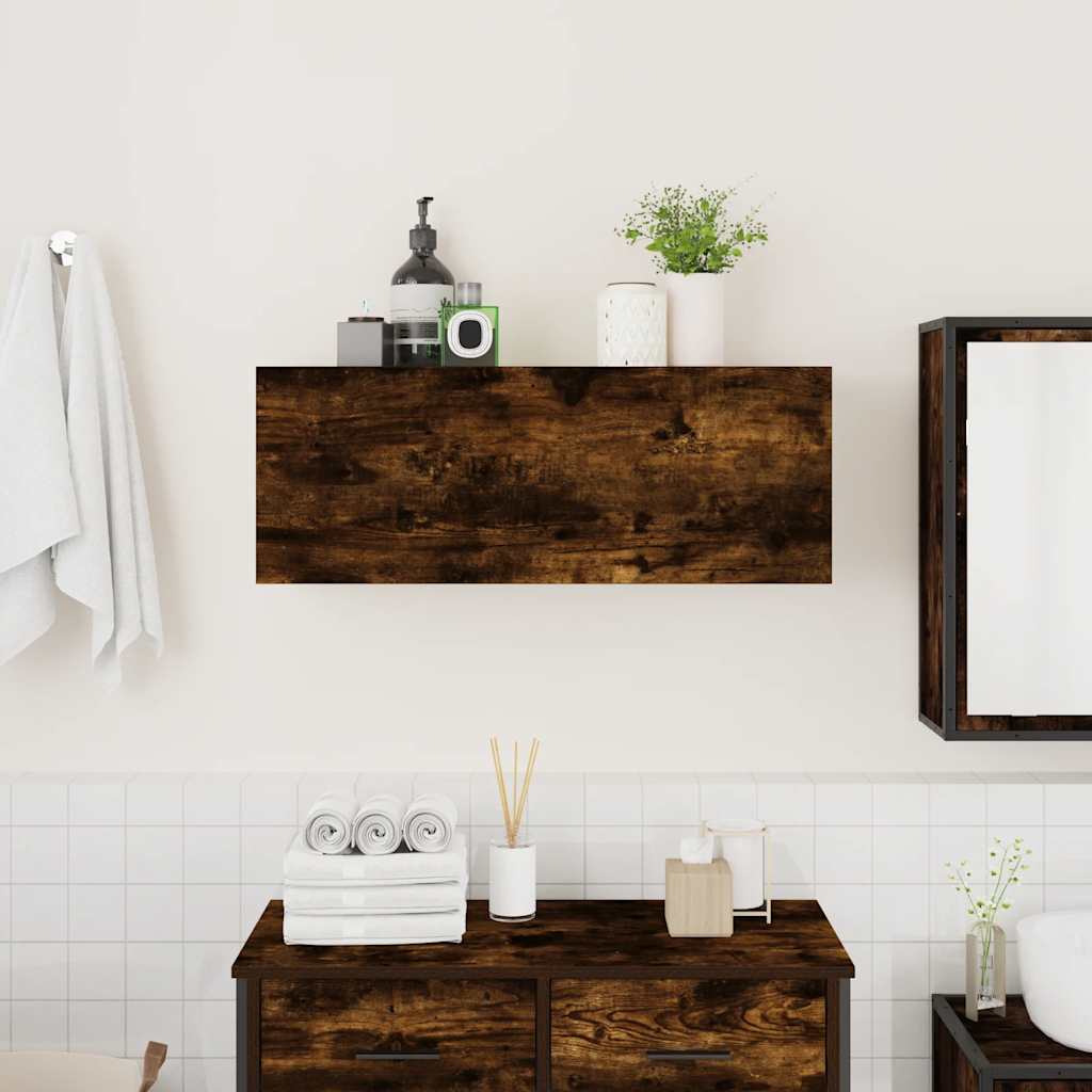 füstös tölgyszínű szerelt fa fali fürdőszobaszekrény 80x25x30cm
