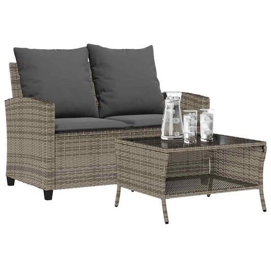 2 személyes szürke polyrattan kerti kanapé asztallal&párnával