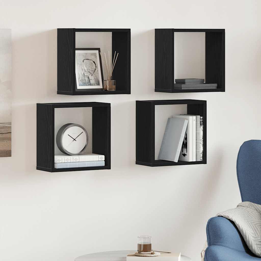 4 db fekete tölgyszínű szerelt fa fali kockapolc 30x15x30 cm