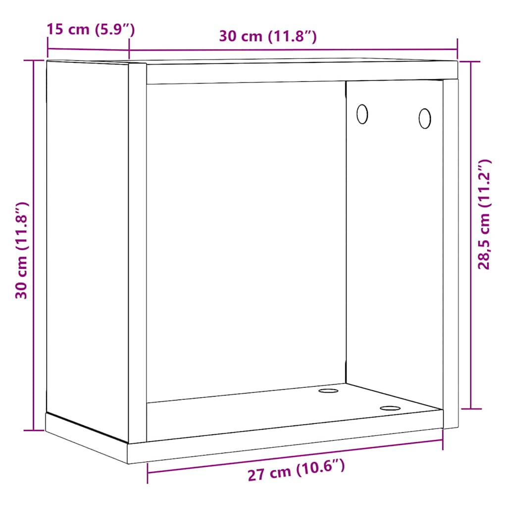 4 db fekete tölgyszínű szerelt fa fali kockapolc 30x15x30 cm