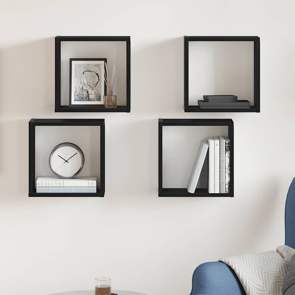 4 db fekete tölgyszínű szerelt fa fali kockapolc 30x15x30 cm