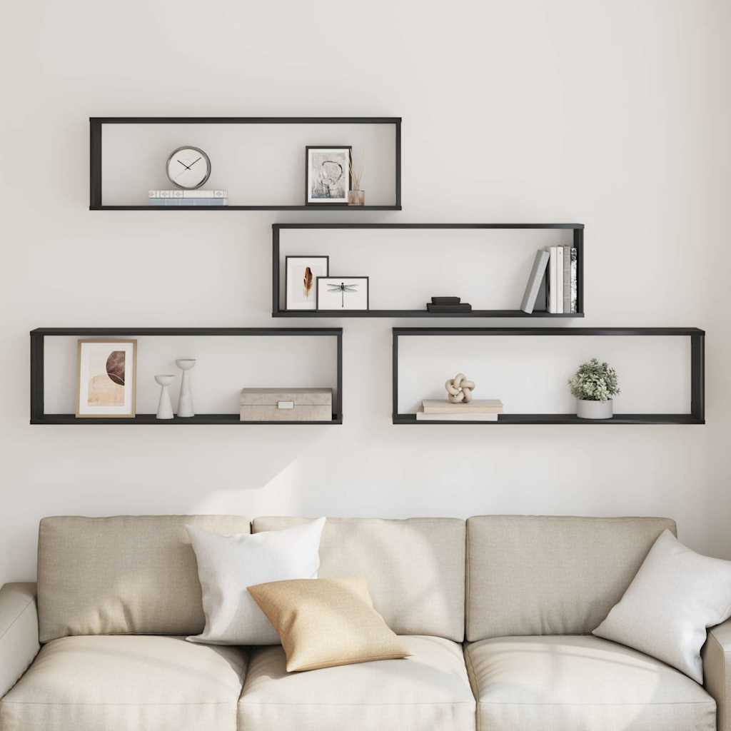 4 db fekete tölgyszínű szerelt fa fali kockapolc 100x15x30 cm