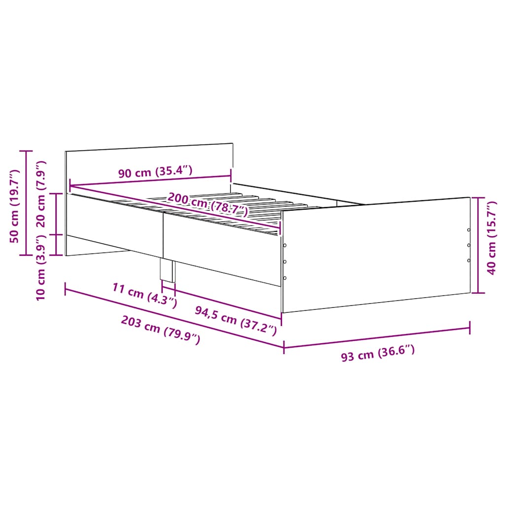 fekete tölgy színű szerelt fa ágykeret matrac nélkül 90x200 cm