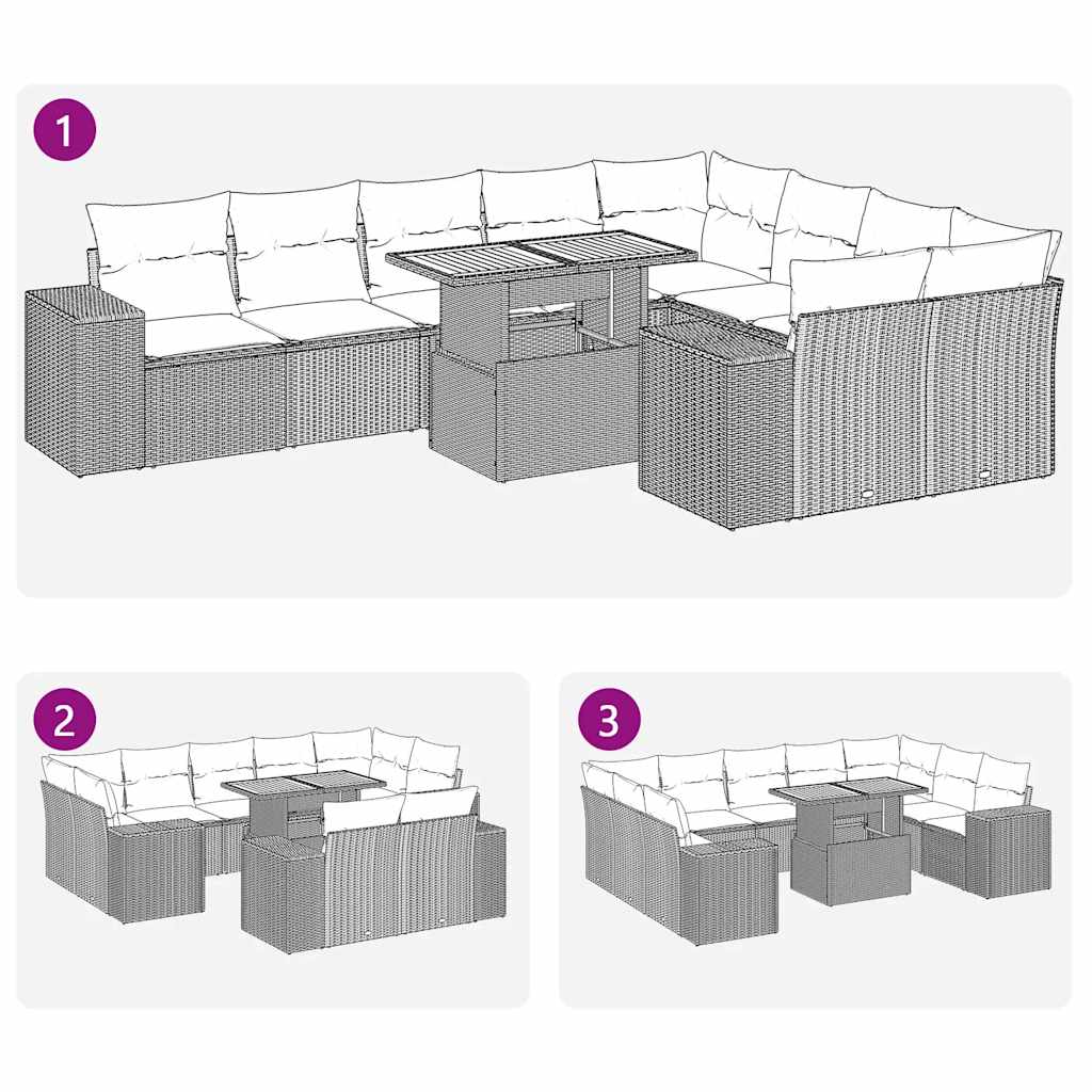 10 részes bézs polyrattan akácfa kerti ülőgarnitúra párnával