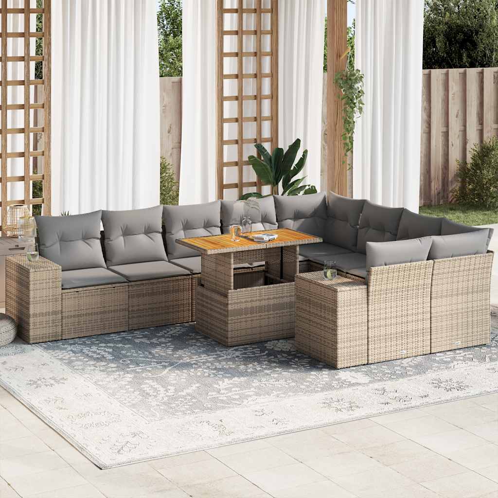 10 részes bézs polyrattan akácfa kerti ülőgarnitúra párnával