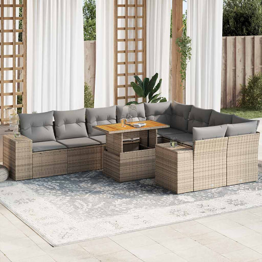 10 részes bézs polyrattan akácfa kerti ülőgarnitúra párnával
