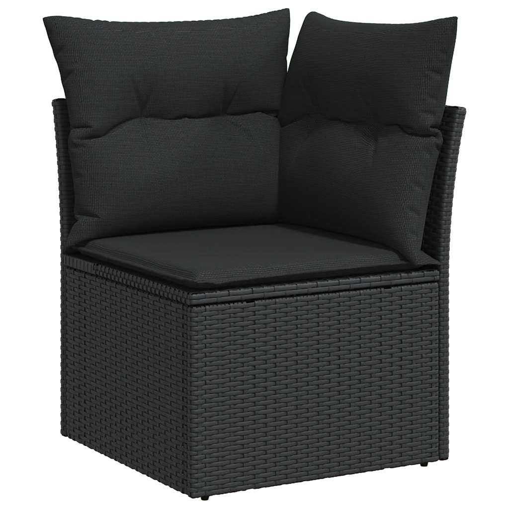 10 részes fekete polyrattan akácfa kerti ülőgarnitúra párnákkal