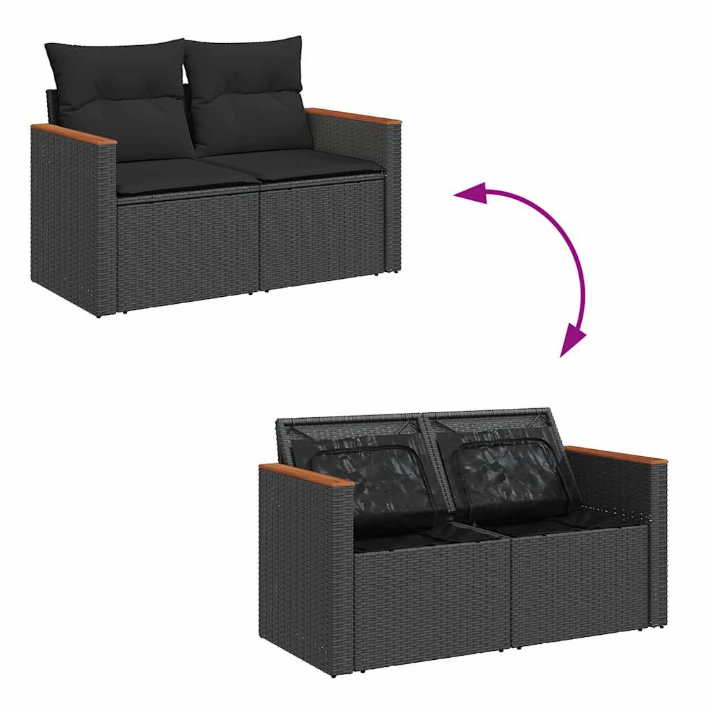 10 részes fekete polyrattan akácfa kerti ülőgarnitúra párnákkal
