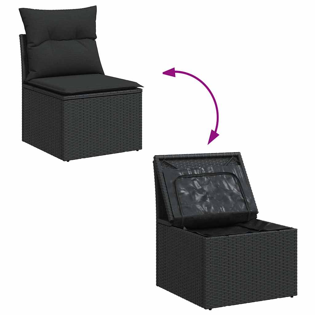 10 részes fekete polyrattan akácfa kerti ülőgarnitúra párnákkal