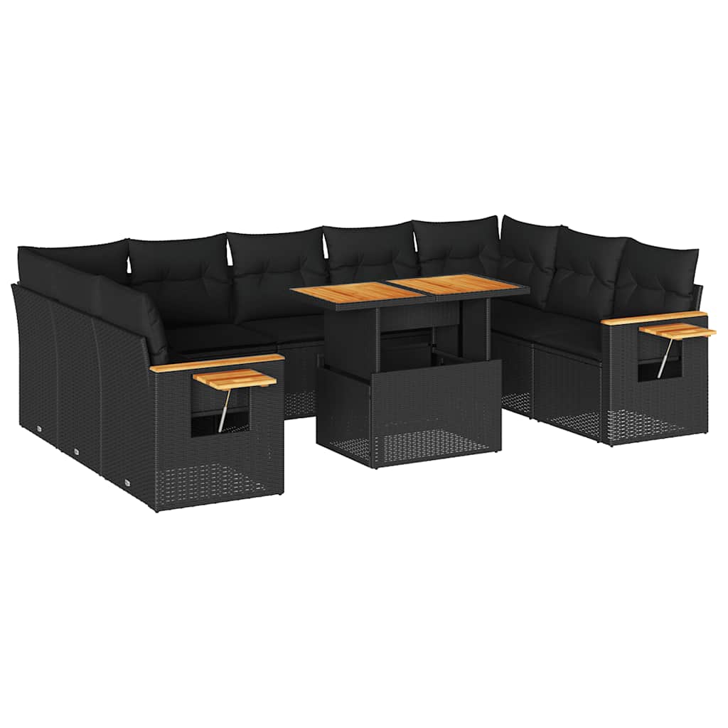 10 részes fekete polyrattan akácfa kerti ülőgarnitúra párnákkal