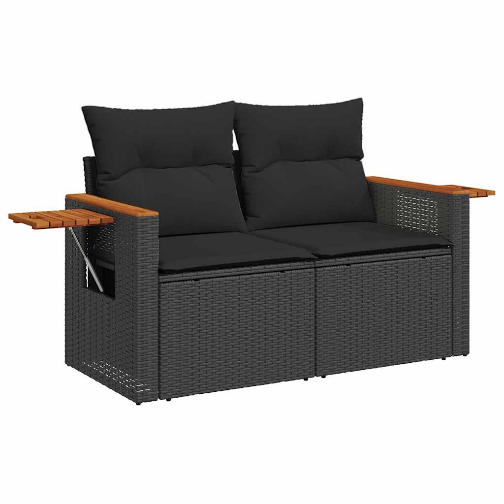 10 részes fekete polyrattan akácfa kerti ülőgarnitúra párnákkal