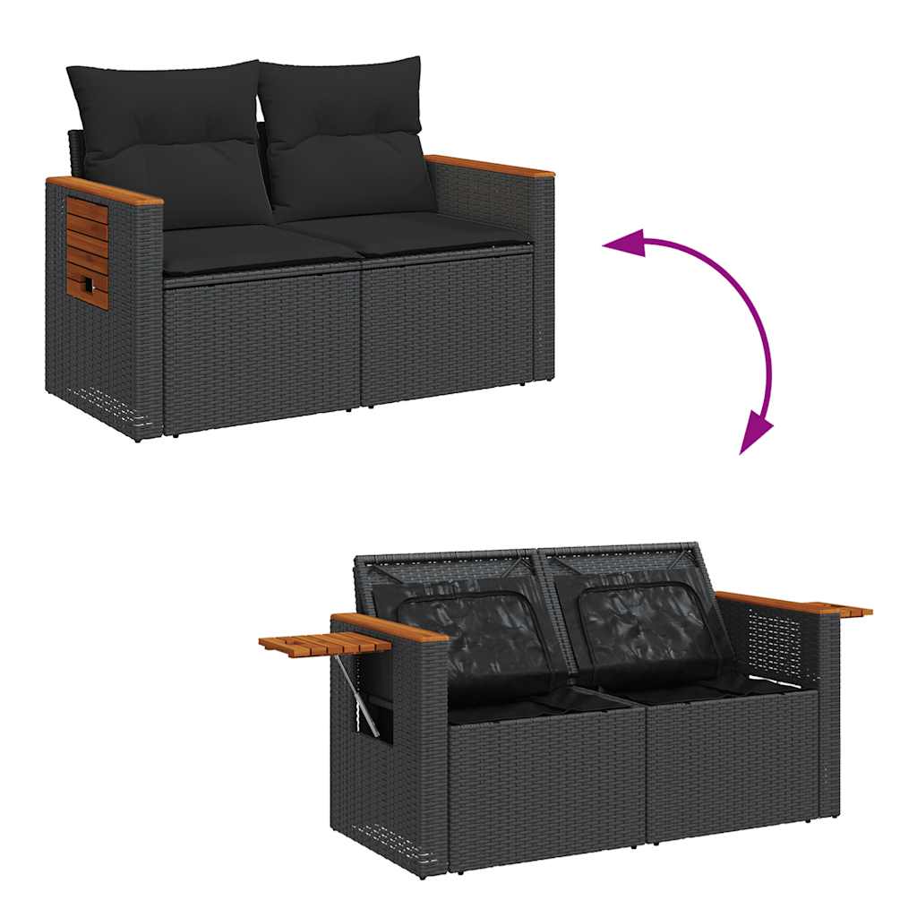 10 részes fekete polyrattan akácfa kerti ülőgarnitúra párnákkal