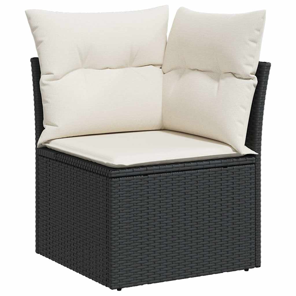 10 részes fekete polyrattan akácfa kerti ülőgarnitúra párnákkal