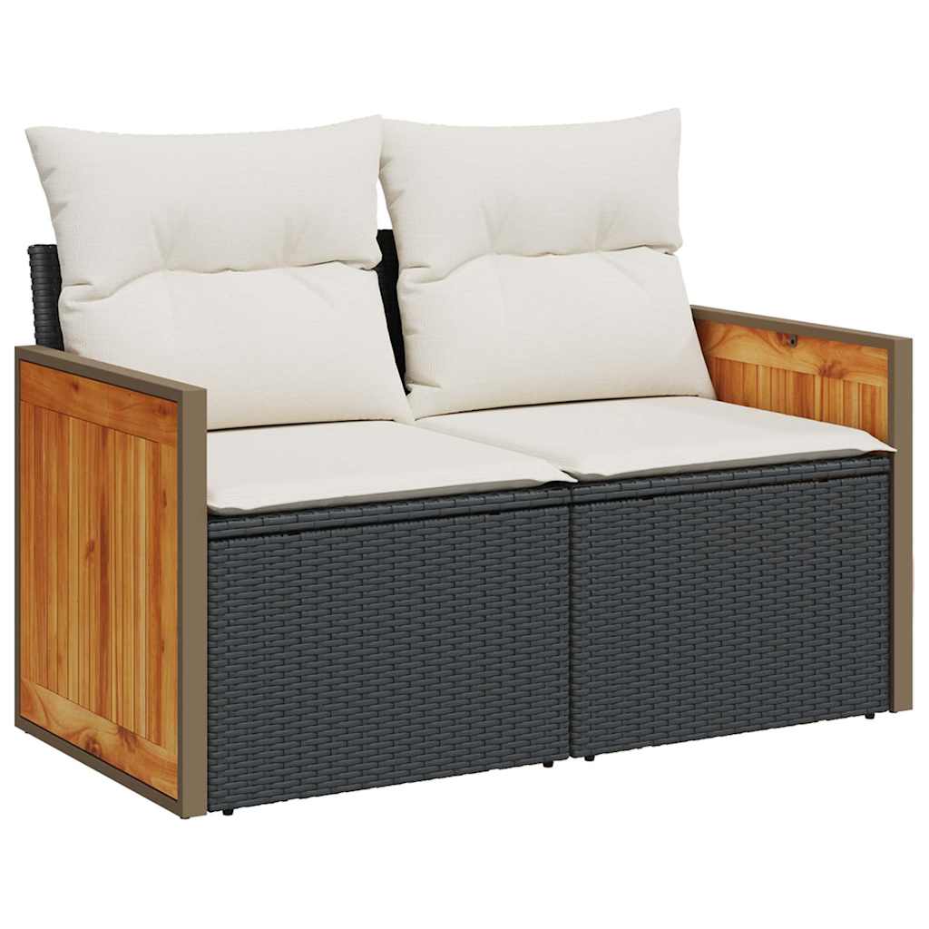 10 részes fekete polyrattan akácfa kerti ülőgarnitúra párnákkal