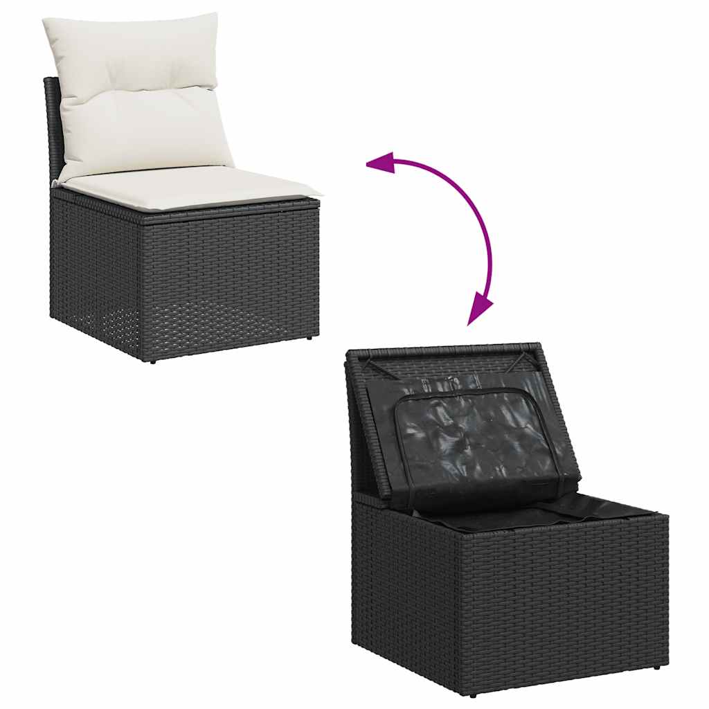 10 részes fekete polyrattan akácfa kerti ülőgarnitúra párnákkal