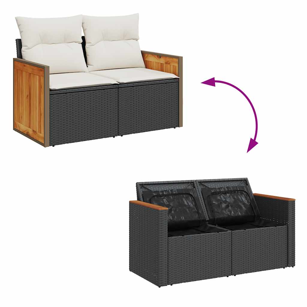10 részes fekete polyrattan akácfa kerti ülőgarnitúra párnákkal