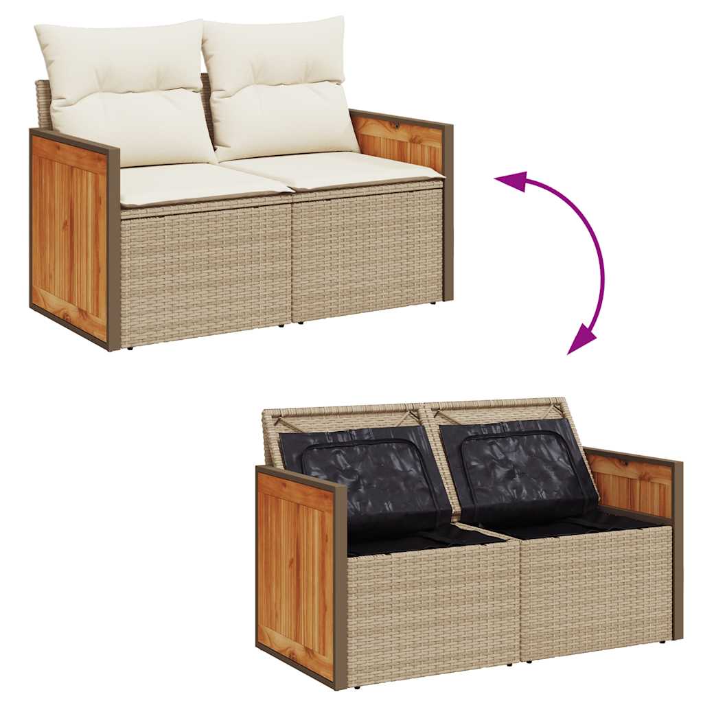 10 részes bézs polyrattan akácfa kerti ülőgarnitúra párnával
