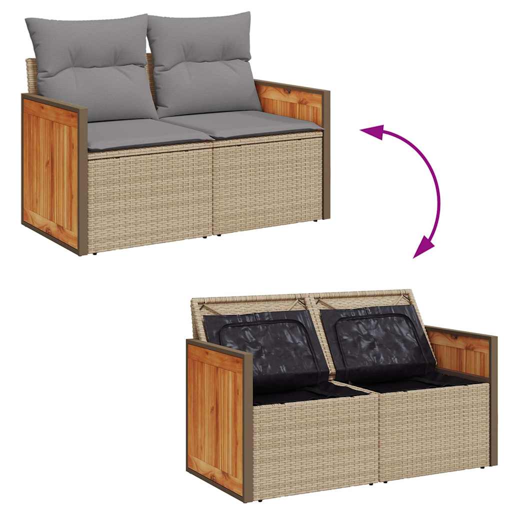 10 részes bézs polyrattan akácfa kerti ülőgarnitúra párnával
