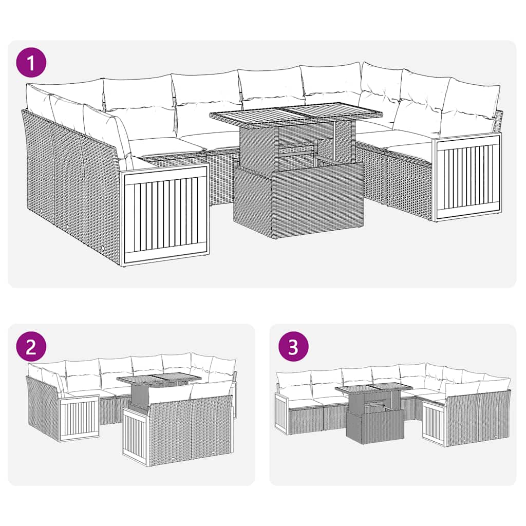 10 részes bézs polyrattan akácfa kerti ülőgarnitúra párnával