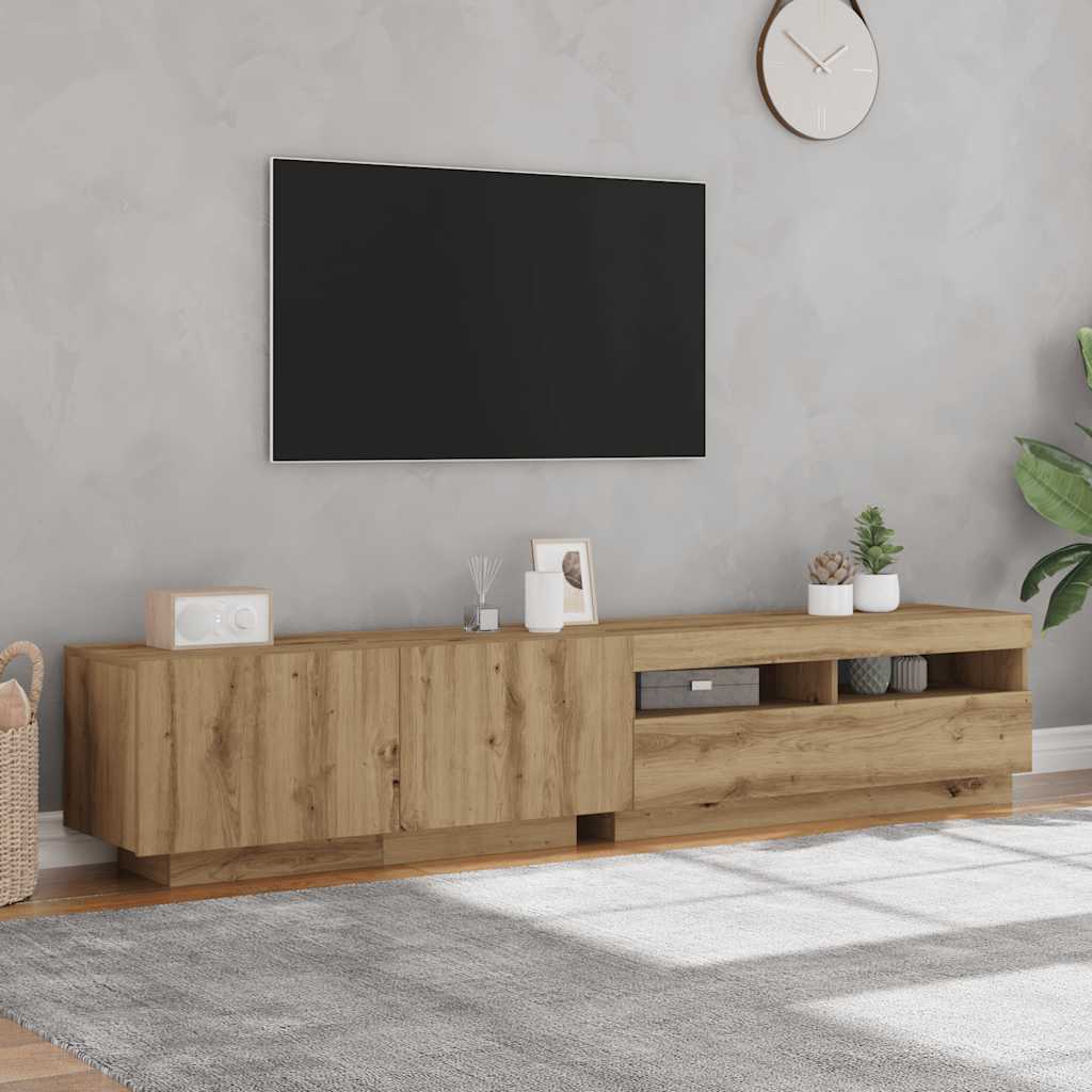kézműves tölgy szerelt fa TV-szekrény LED-ekkel 200x35x40 cm
