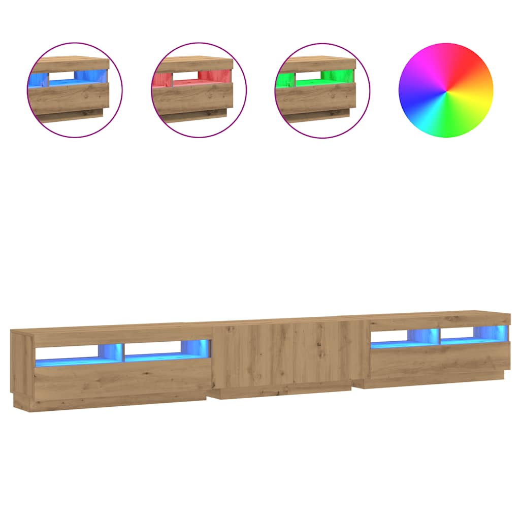 kézműves tölgy szerelt fa TV-szekrény LED-ekkel 300x35x40 cm