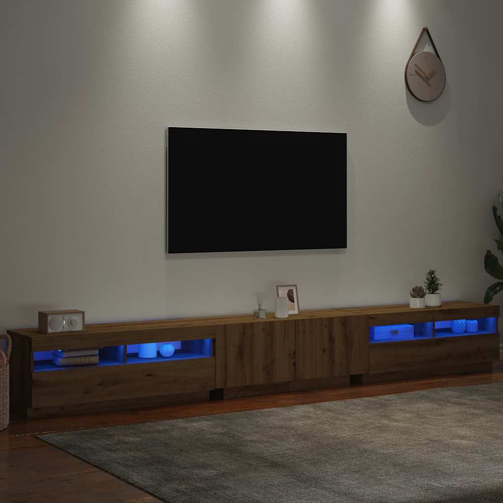 kézműves tölgy szerelt fa TV-szekrény LED-ekkel 300x35x40 cm
