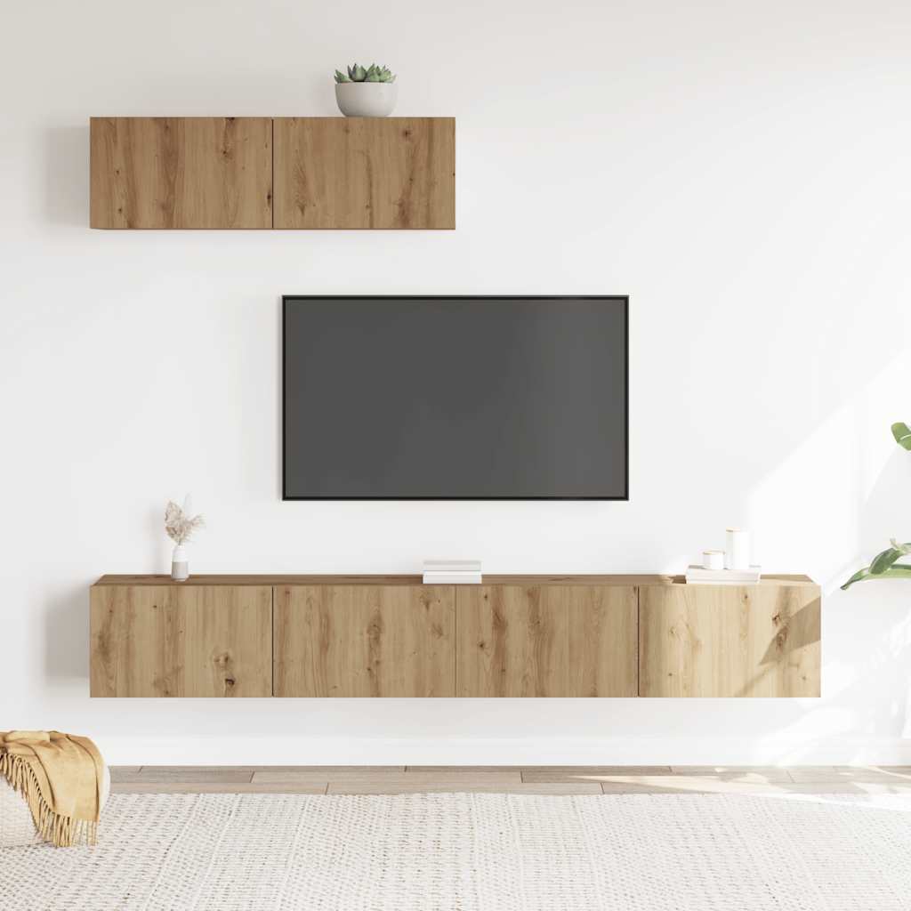3 részes  kézműves tölgy színű szerelt fa fali TV-szekrényszett
