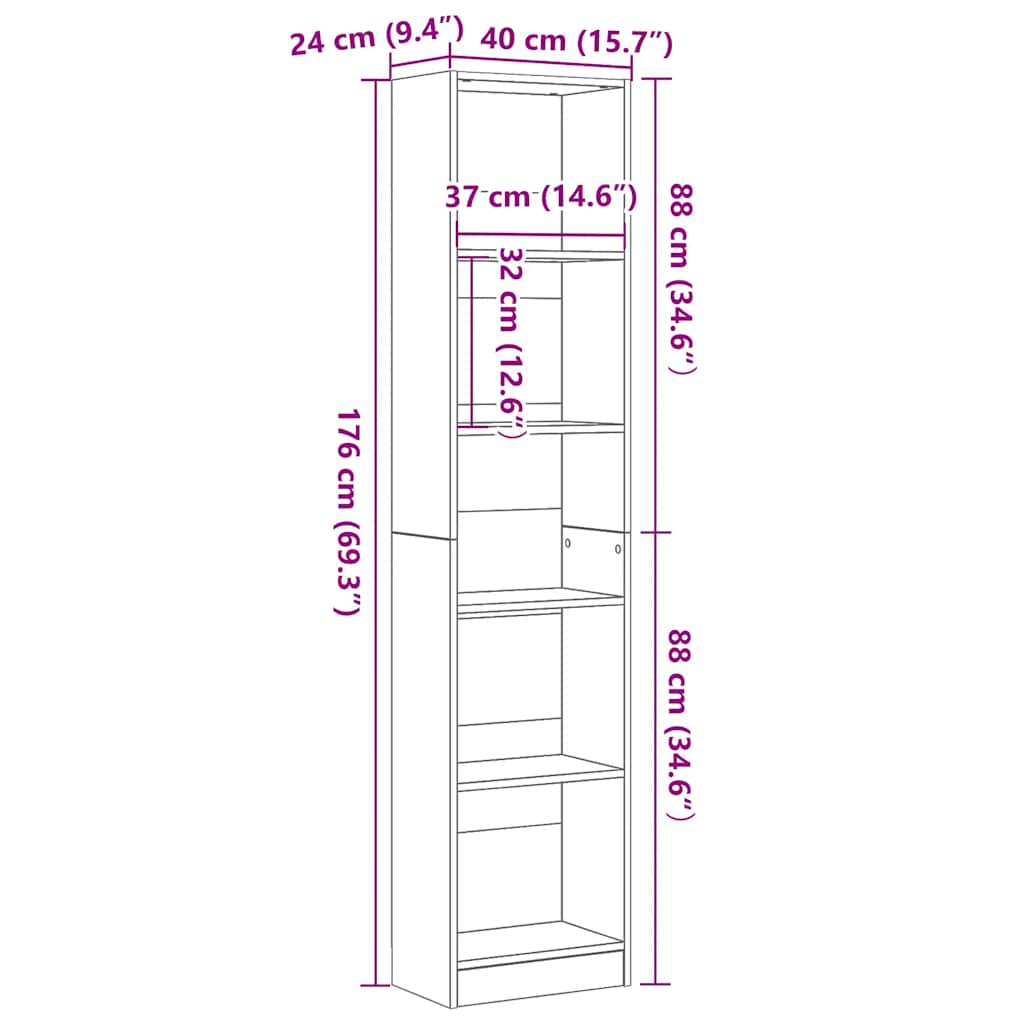 fekete tölgy szerelt fa könyvespolc 40x24x176 cm