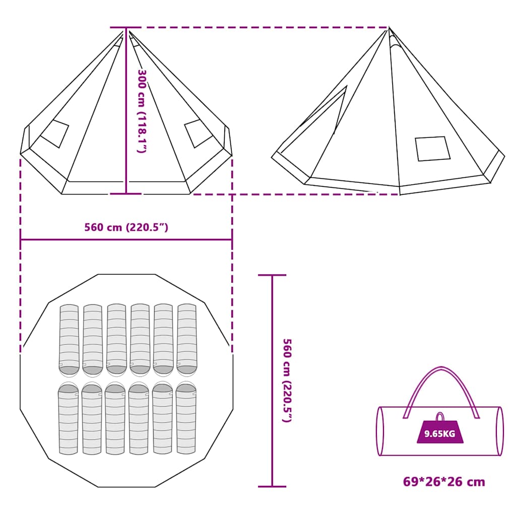 Családi Tipi sátor tetővel Zöld 560 x 560 x 300 cm