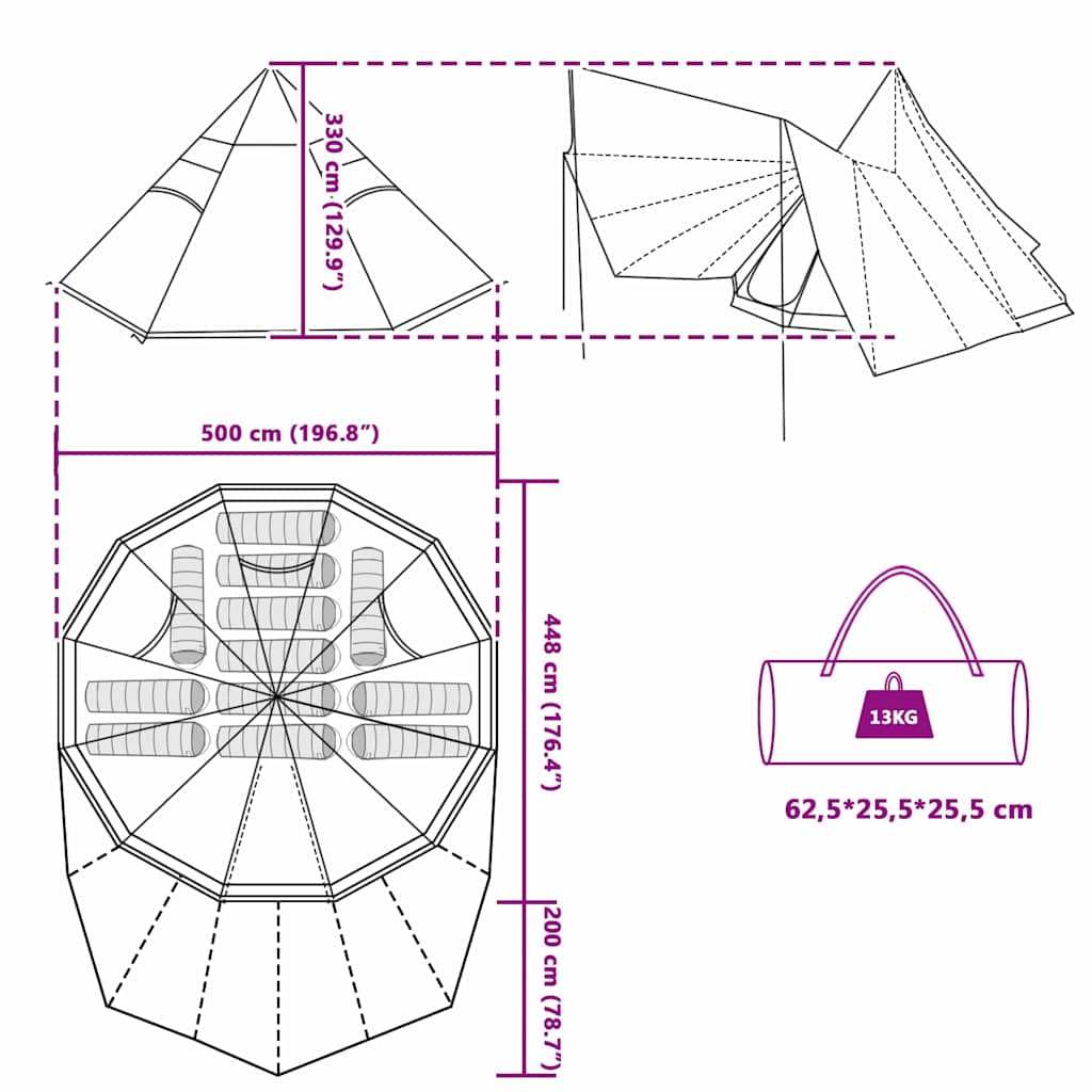 Családi Tipi sátor tetővel zöld és bézs 510 x 690 x 330 cm