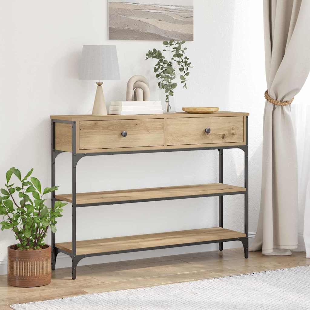 Konzolasztal fiókkal polcokkal kézműves tölgy 100 x 25 x 75 cm